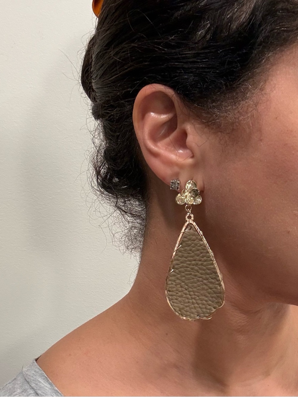 Faux Leather/ Gold Trim Teardrop Earrings